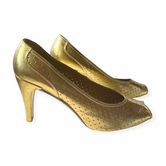 Vintage Christian Dior Souliers France  Gold Open Toe‎ Pumps, Size 6 1/2 B - Picture 7 of 15